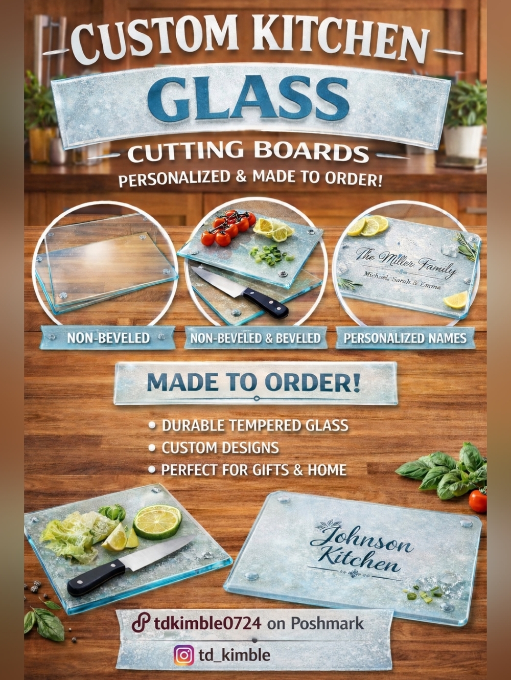 Custom MadeTempered Glass Cutting Board - Personalized - NIB